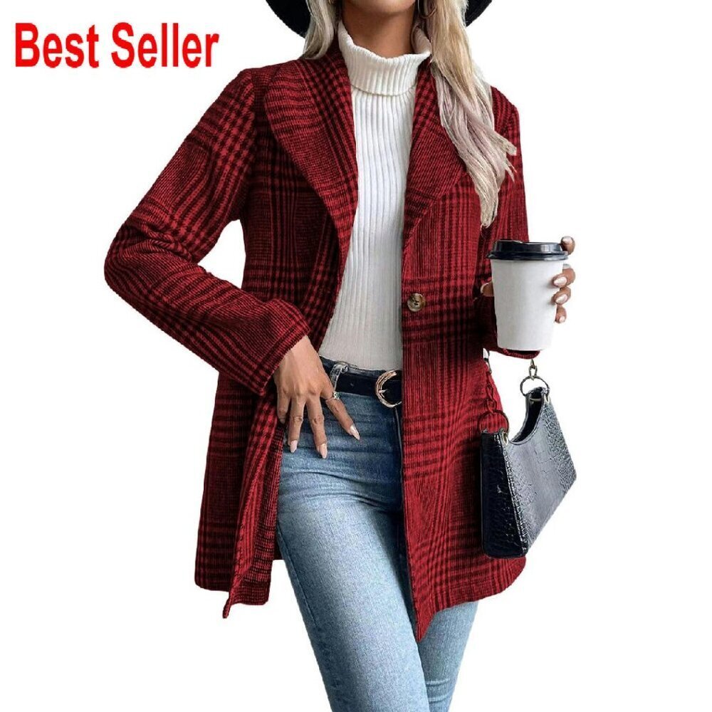 Vintage Plaid Wool Blend Blazer Coat Elegant Shawl Collar Classic Retro